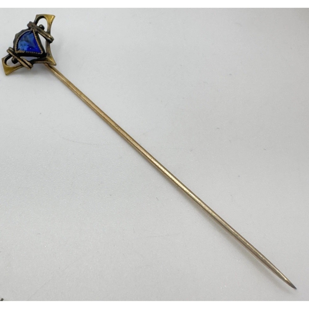 Antique Stick Pin Art Nouveau Blue Glass Gold Tone Openwork Cravat Lapel Hat Pin - Picture 4 of 9
